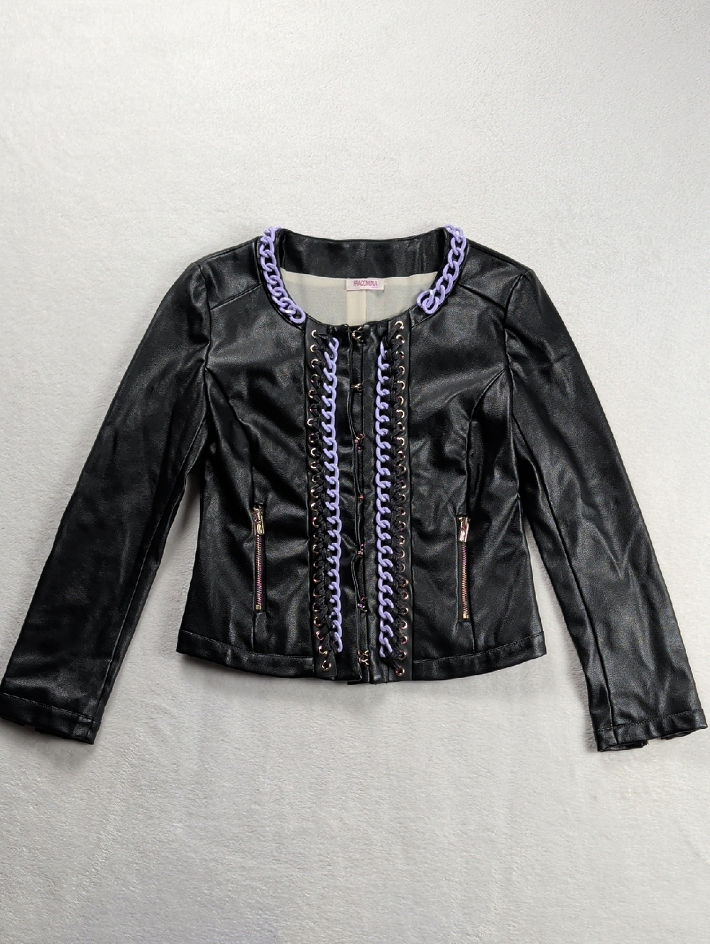 Fracomina Mini Girls Faux Leather Moto Jacket Black Purple Chain Detail XS 6